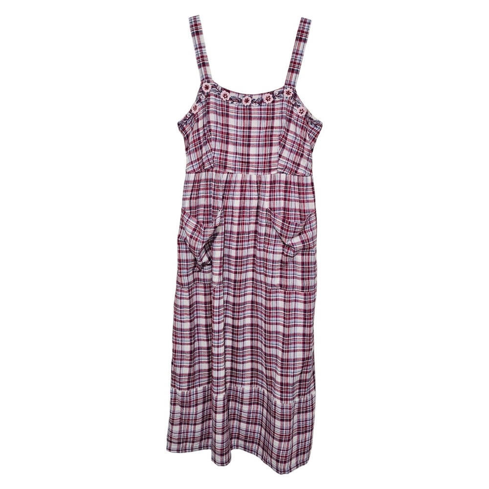 April Cornell XS Overall Dress Jumper Red Plaid Embroidered Midi Cottage Granny